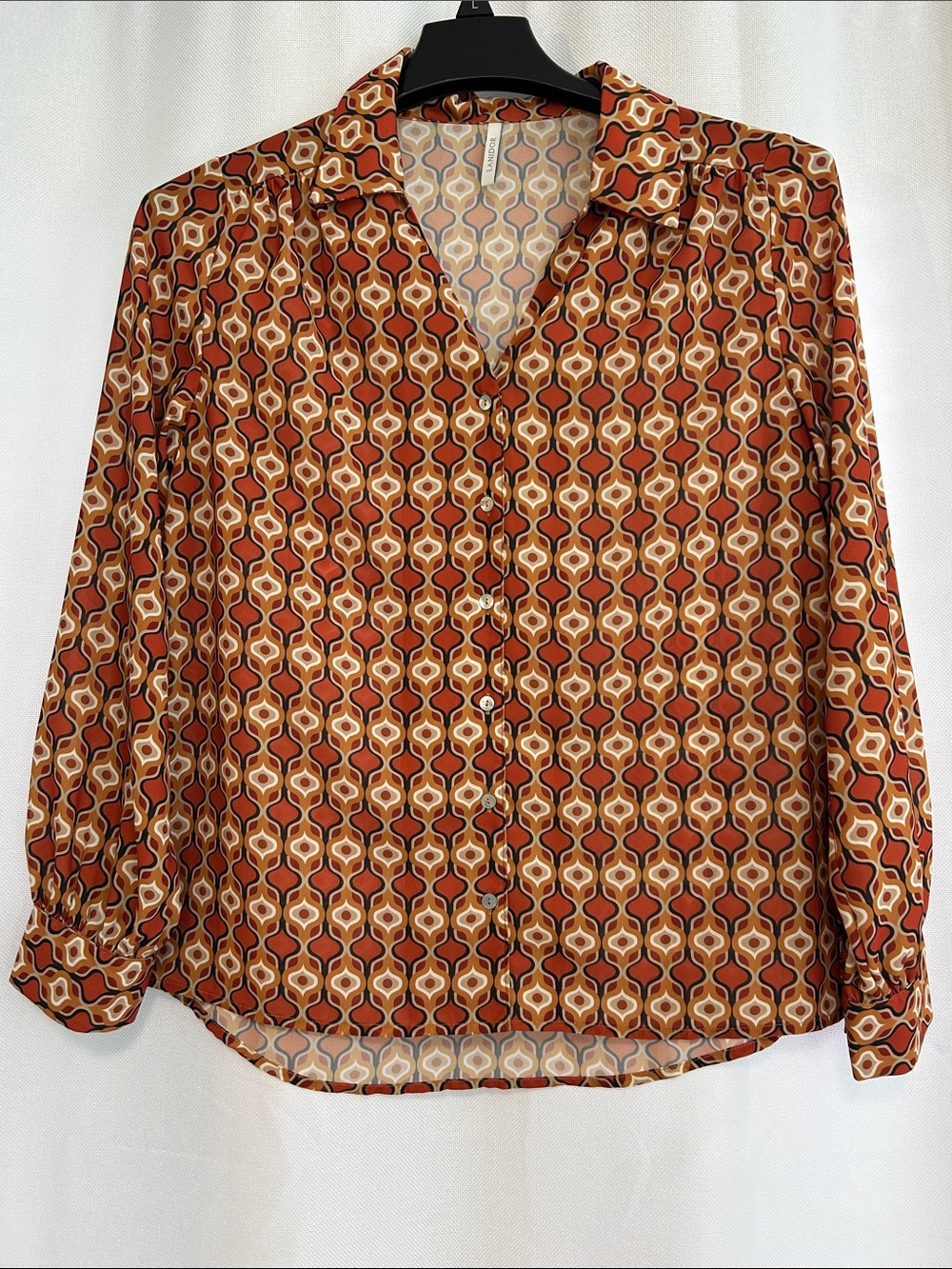Lanidor Rust Orange Cream Geometric Button-Down illusion Blouse